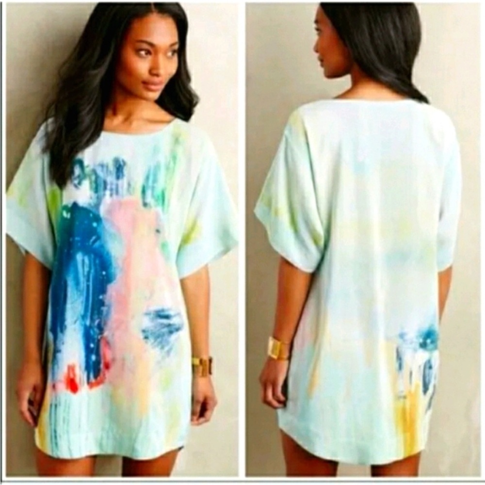 Maeve Watercolor 100% Silk Shirt Dress Size